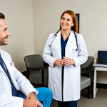 A diverse team of healthcare professionals, including a doctor in a modest white lab coat, a nurse in a clean, modest uniform, and an administrator in professional business attire, are warmly engaging with an adult patient in a modern, welcoming clinic reception area. The patient, an adult, is seated comfortably and fully clothed in appropriate, modest everyday wear, looking engaged and understood. The atmosphere is bright and inviting, emphasizing clear communication and compassionate interaction. Perfect anatomy, correct proportions, natural pose, well-formed hands, proper finger count, natural body proportions. Safe for work, appropriate content, fully clothed, professional, family-friendly.