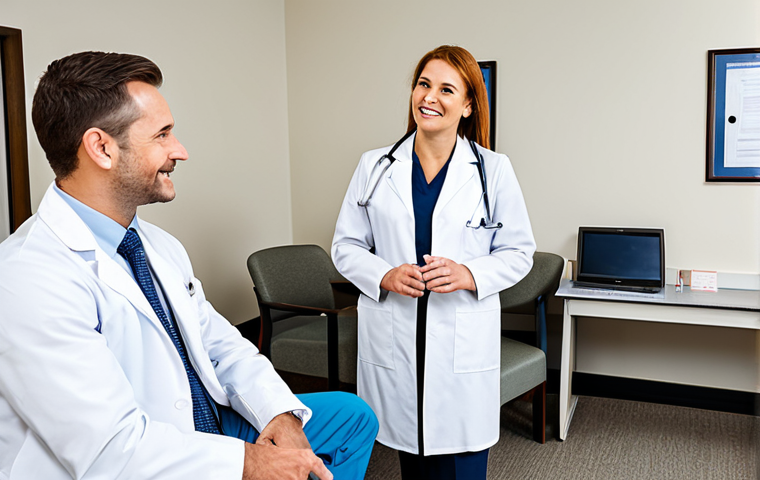 A diverse team of healthcare professionals, including a doctor in a modest white lab coat, a nurse in a clean, modest uniform, and an administrator in professional business attire, are warmly engaging with an adult patient in a modern, welcoming clinic reception area. The patient, an adult, is seated comfortably and fully clothed in appropriate, modest everyday wear, looking engaged and understood. The atmosphere is bright and inviting, emphasizing clear communication and compassionate interaction. Perfect anatomy, correct proportions, natural pose, well-formed hands, proper finger count, natural body proportions. Safe for work, appropriate content, fully clothed, professional, family-friendly.