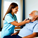 A professional geriatric nurse, wearing a modest, clean medical uniform, gently checking the vital signs of a dignified senior man. The nurse is using a modern blood pressure monitor, demonstrating precise and careful technique. The setting is a bright, tidy home environment, perhaps a living room with soft natural light, conveying a calm and reassuring atmosphere. Fully clothed, appropriate attire, professional dress, safe for work, appropriate content, professional, perfect anatomy, correct proportions, natural pose, well-formed hands, proper finger count, natural body proportions, high-quality professional photography.