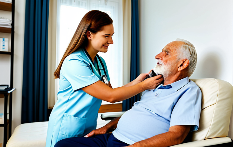 A professional geriatric nurse, wearing a modest, clean medical uniform, gently checking the vital signs of a dignified senior man. The nurse is using a modern blood pressure monitor, demonstrating precise and careful technique. The setting is a bright, tidy home environment, perhaps a living room with soft natural light, conveying a calm and reassuring atmosphere. Fully clothed, appropriate attire, professional dress, safe for work, appropriate content, professional, perfect anatomy, correct proportions, natural pose, well-formed hands, proper finger count, natural body proportions, high-quality professional photography.