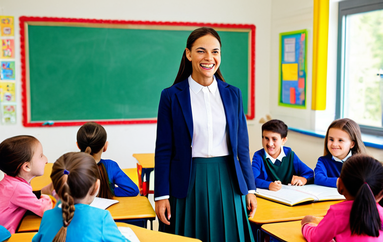 **
"A professional teacher in a fully clothed, modest outfit, smiling and interacting with elementary school students in a bright and colorful classroom. Students are wearing appropriate attire and engaged in learning activities. Safe for work, appropriate content, perfect anatomy, natural proportions, professional, family-friendly."
**