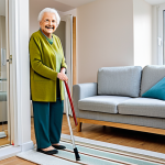 Adapted Home Environment**

"A bright and welcoming living room adapted for elderly care, featuring grab bars in a modern bathroom, non-slip rugs, and good lighting. An elderly woman, fully clothed in comfortable, modest clothing, is smiling and walking with a supportive cane. Safe for work, appropriate content, family-friendly, perfect anatomy, correct proportions, natural pose, professional photography, high quality."

**