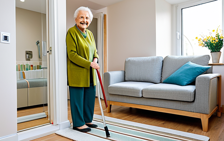 Adapted Home Environment**
"A bright and welcoming living room adapted for elderly care, featuring grab bars in a modern bathroom, non-slip rugs, and good lighting. An elderly woman, fully clothed in comfortable, modest clothing, is smiling and walking with a supportive cane. Safe for work, appropriate content, family-friendly, perfect anatomy, correct proportions, natural pose, professional photography, high quality."
**