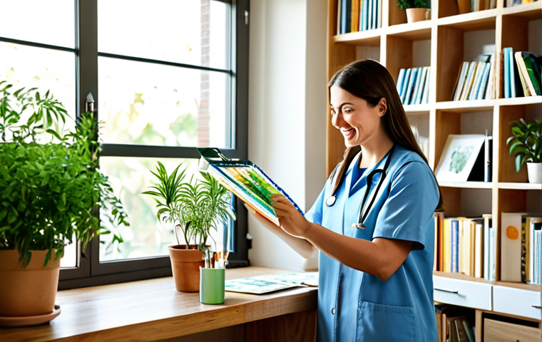 간호사 워라밸 및 근무 환경 - **A nurse enjoying a relaxing hobby after work**: "A fully clothed nurse, wearing casual but modest ...