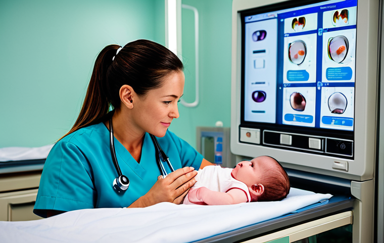 소아중환자 간호 - "A pediatric nurse carefully monitoring a baby in an incubator with advanced medical equipment in a ...