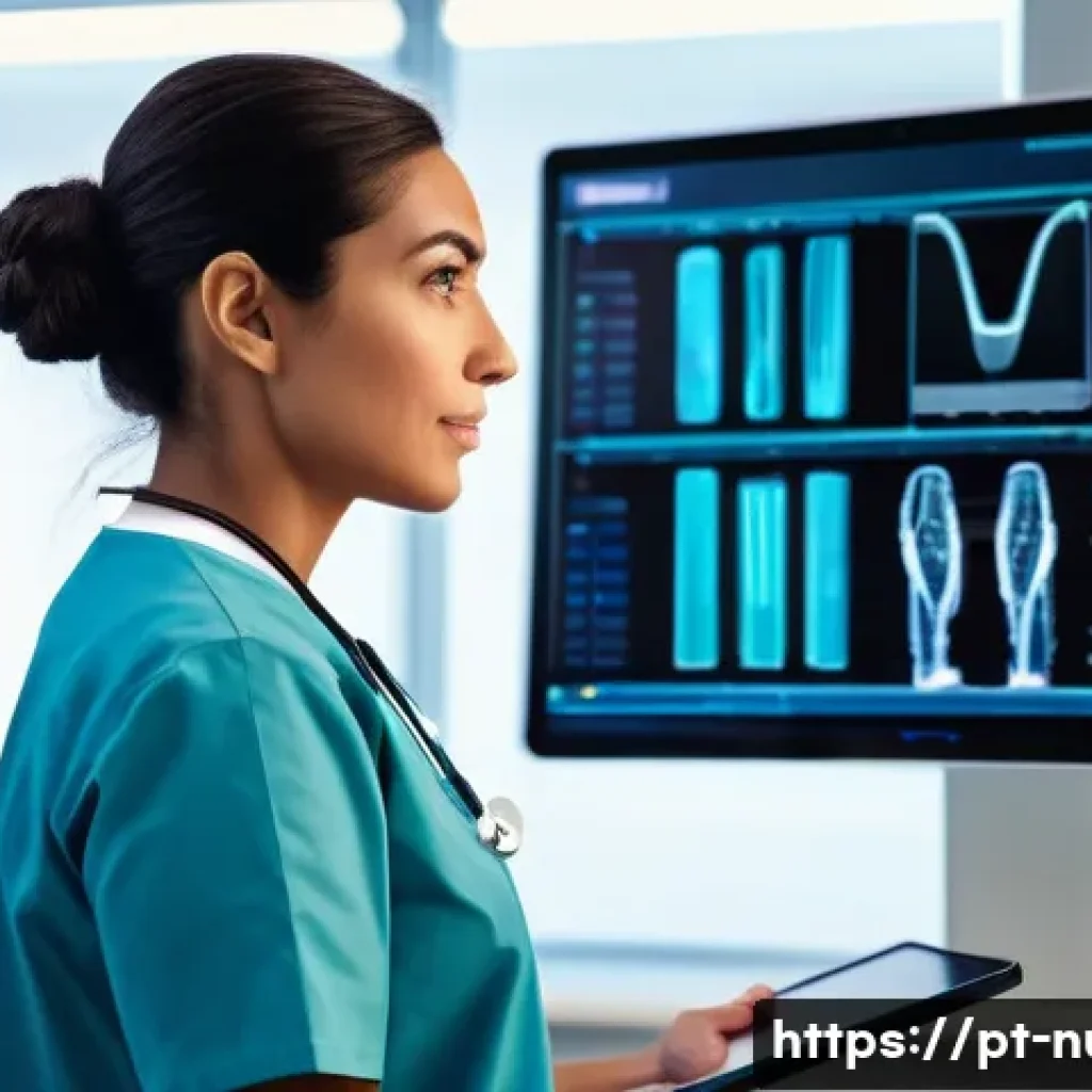 병태 생리학과 간호 - A highly skilled female nurse, of Portuguese descent, in her early 30s, stands in a modern, brightly...