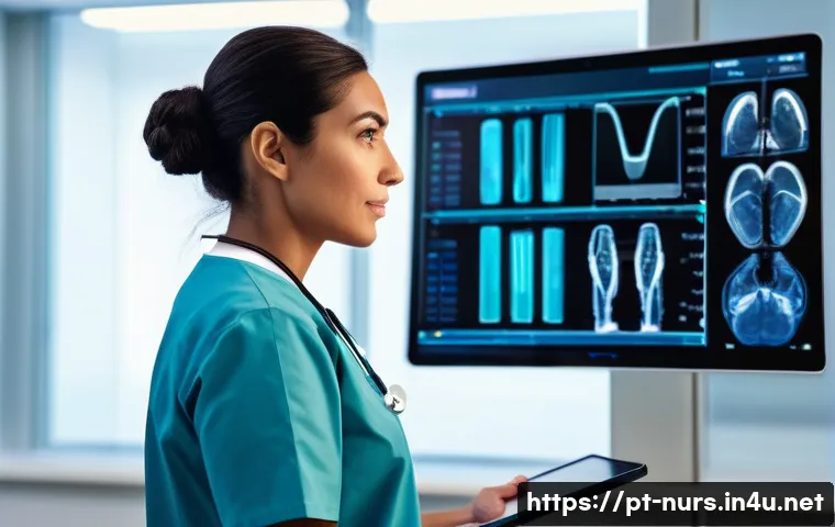 병태 생리학과 간호 - A highly skilled female nurse, of Portuguese descent, in her early 30s, stands in a modern, brightly...