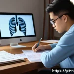 간호 대학 입시 및 준비 - A focused nursing student sitting at a wooden desk in a cozy study room filled with medical textbook...
