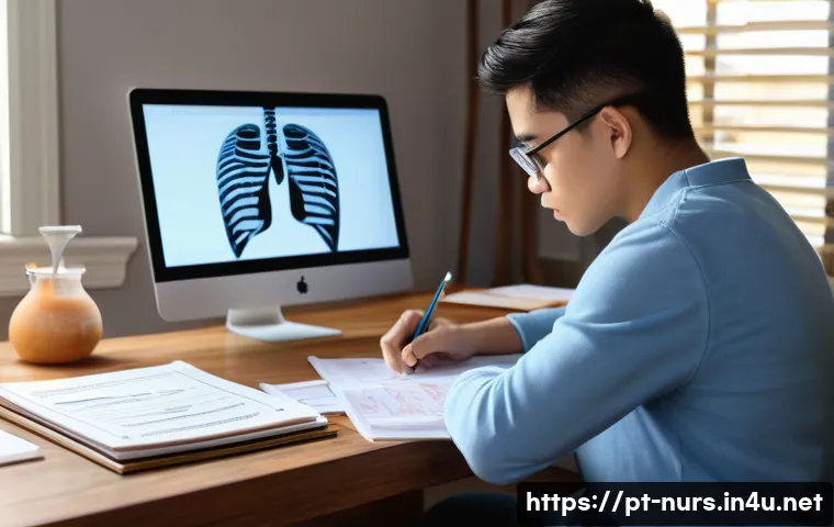간호 대학 입시 및 준비 - A focused nursing student sitting at a wooden desk in a cozy study room filled with medical textbook...