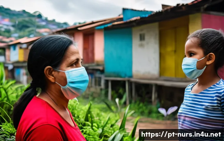 공중보건 간호 - A compassionate female nurse in casual professional attire, wearing a medical mask and gloves, condu...