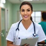 간호 직업 윤리 및 법적 문제 - A professional Brazilian nurse wearing a clean, crisp uniform with a name badge, standing confidentl...