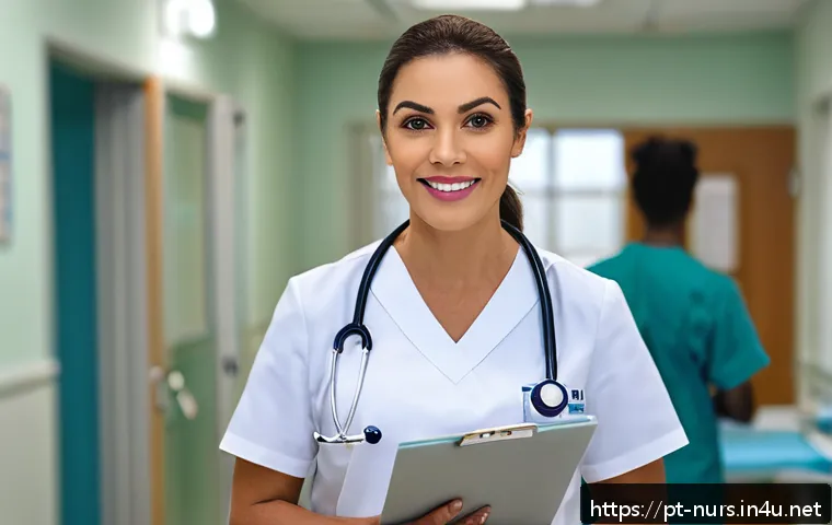 간호 직업 윤리 및 법적 문제 - A professional Brazilian nurse wearing a clean, crisp uniform with a name badge, standing confidentl...