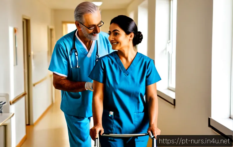 Home 17 재활 간호 - Photorealistic rehabilitation nursing scene in a bright Brazilian outpatient clinic, compassionate n...